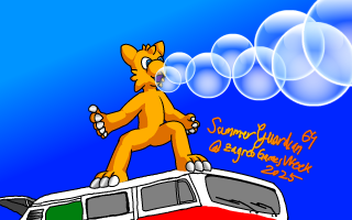 Shiny the Scalefloof bubbleshoots on top of RetroInfo's van